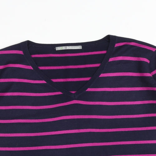 Marks and Spencer Womens Multicoloured V-Neck Striped Acrylic Pullover Jumper Size 16