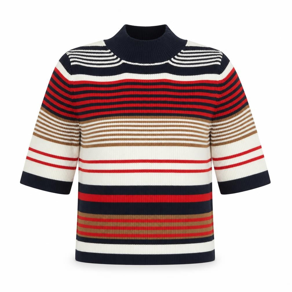 Front view of Miss Selfridge women’s multicoloured striped cotton basic blouse, size UK 8, mock neck