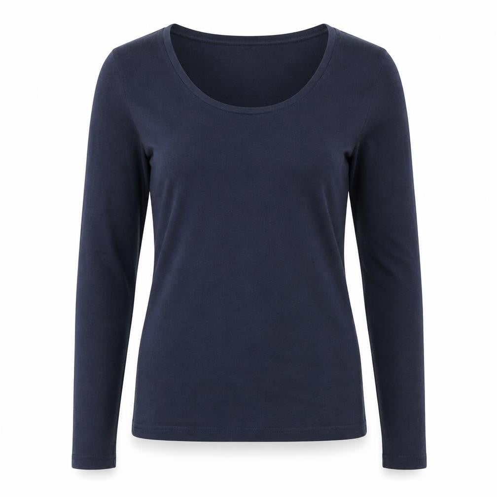 Front view of b.young women’s blue cotton basic t-shirt, size M, scoop neck