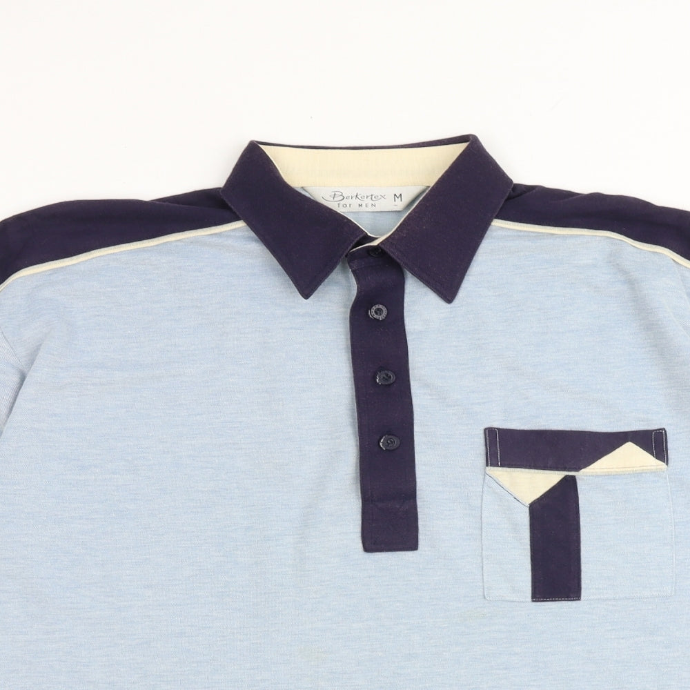 Berkertex Mens Blue Colourblock Polyester Polo Size M Collared Button