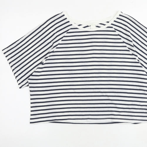 H&M Womens Blue Striped Cotton Cropped T-Shirt Size L Round Neck