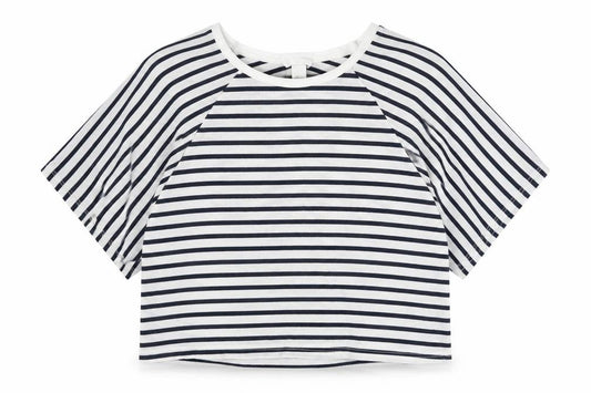Front view of H&M women’s blue striped cotton cropped t-shirt, size L, round neck