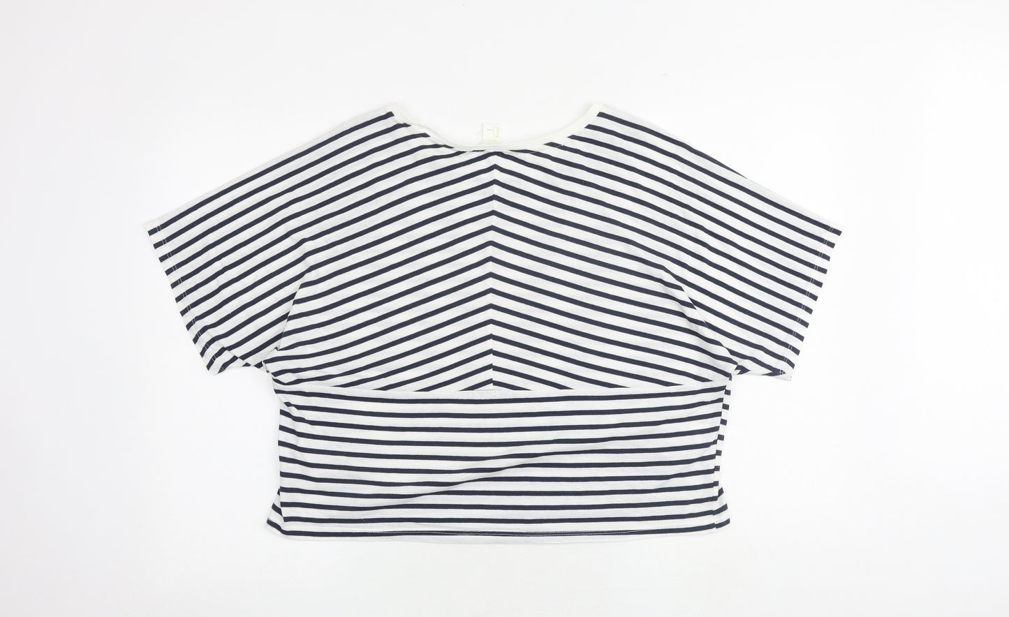 H&M Womens Blue Striped Cotton Cropped T-Shirt Size L Round Neck