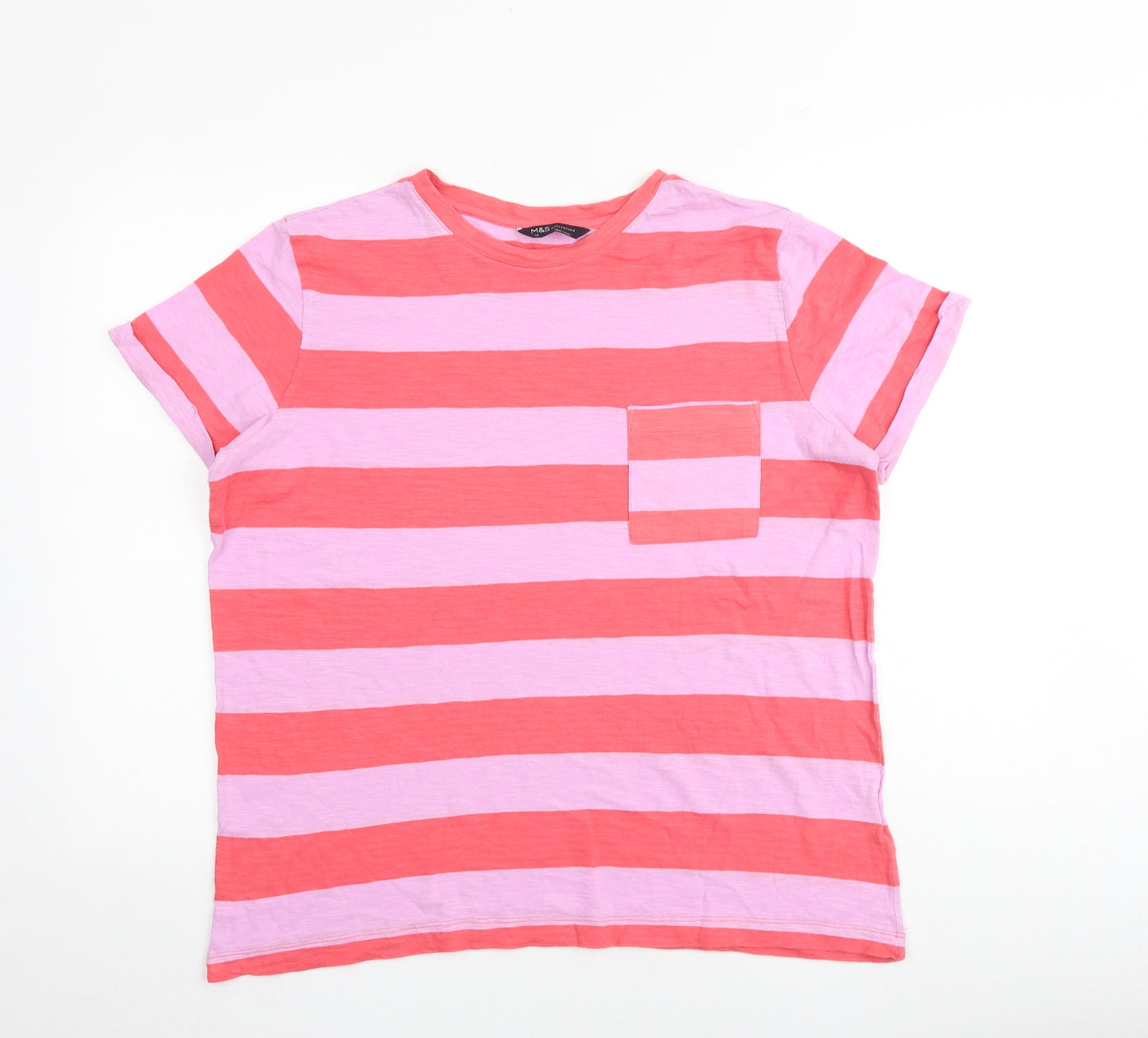 Marks and Spencer Womens Multicoloured Striped 100% Cotton Basic T-Shirt Size 14 Round Neck