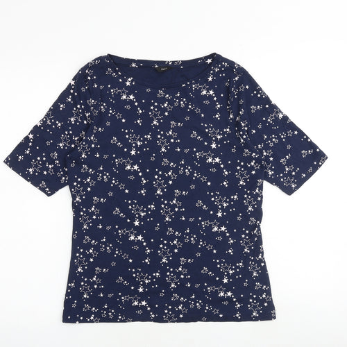 M&Co Womens Blue Geometric 100% Cotton Basic T-Shirt Size 16 Round Neck - Star Print