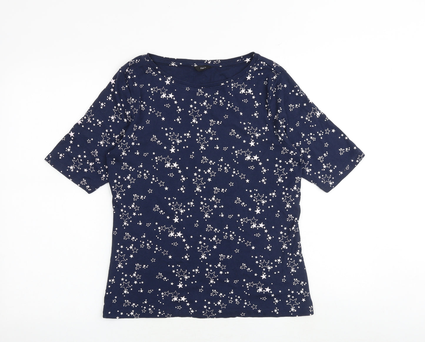M&Co Womens Blue Geometric 100% Cotton Basic T-Shirt Size 16 Round Neck - Star Print