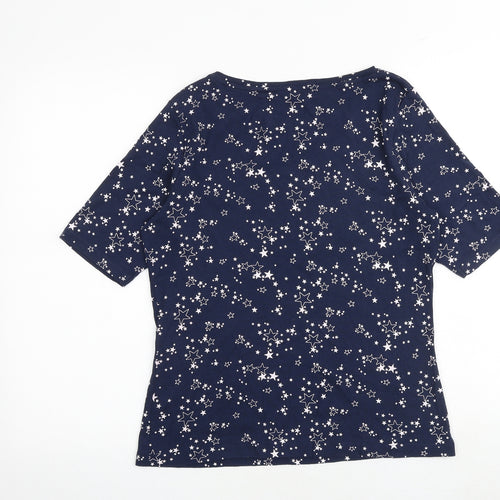 M&Co Womens Blue Geometric 100% Cotton Basic T-Shirt Size 16 Round Neck - Star Print