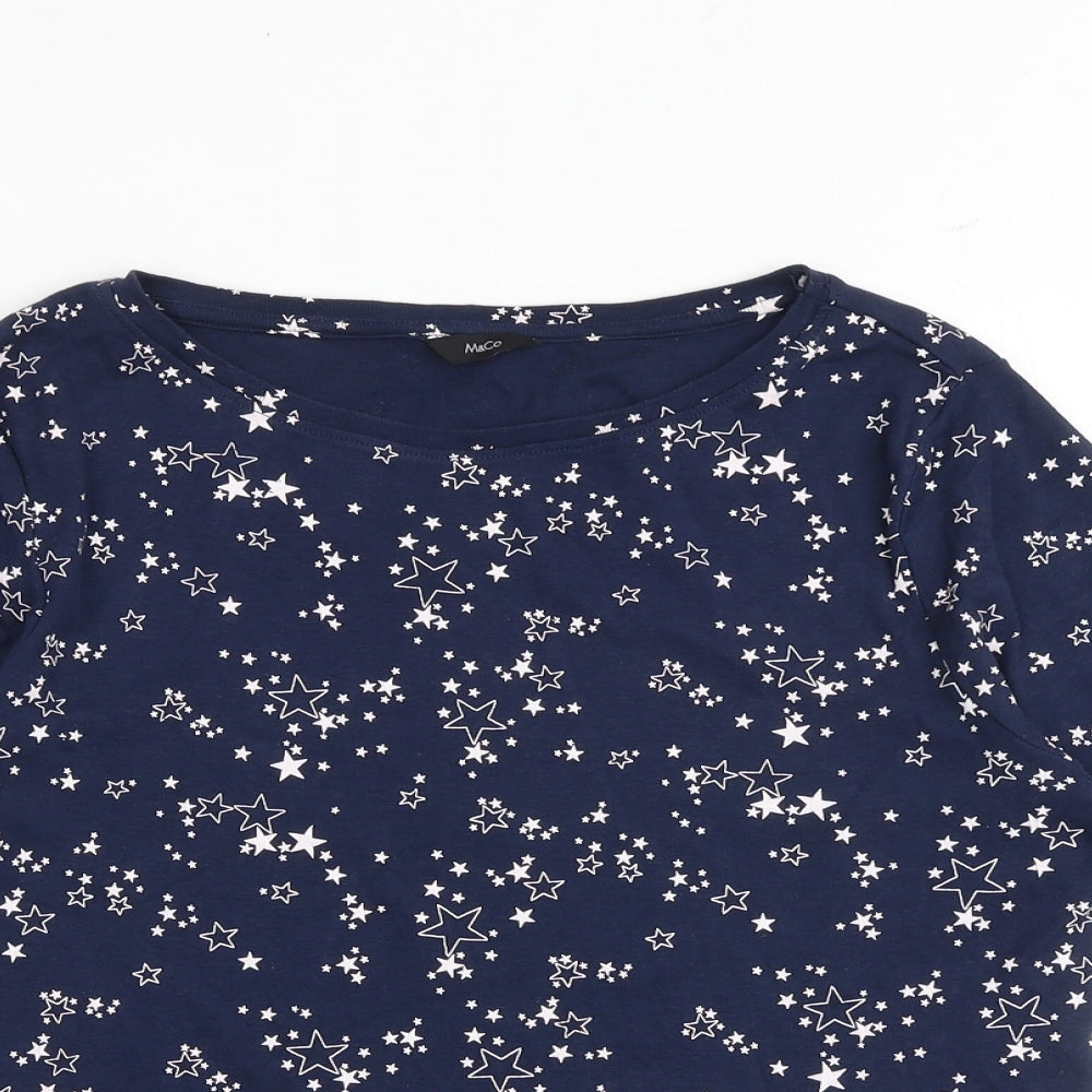M&Co Womens Blue Geometric 100% Cotton Basic T-Shirt Size 16 Round Neck - Star Print