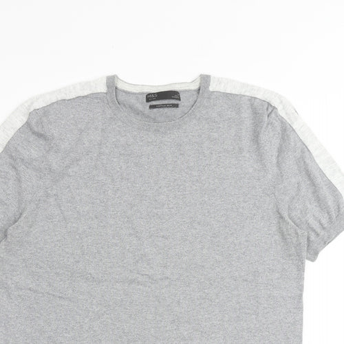 Marks and Spencer Mens Grey Round Neck Polyester Pullover Jumper Size M Short Sleeve
