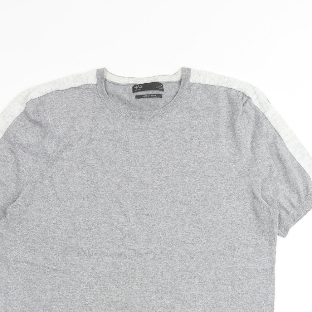 Marks and Spencer Mens Grey Round Neck Polyester Pullover Jumper Size M Short Sleeve