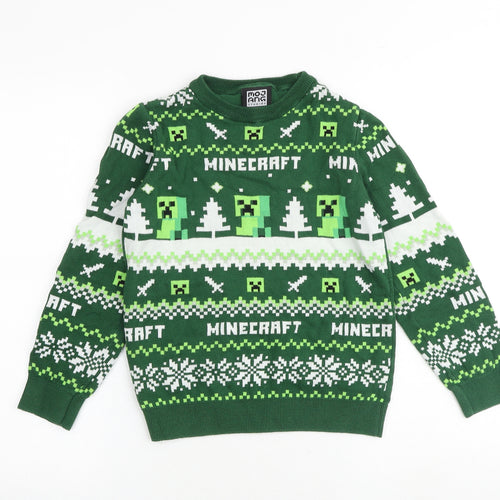 Mojang Boys Green Round Neck Fair Isle 100% Cotton Pullover Jumper Size 11-12 Years Pullover - Minecraft Christmas