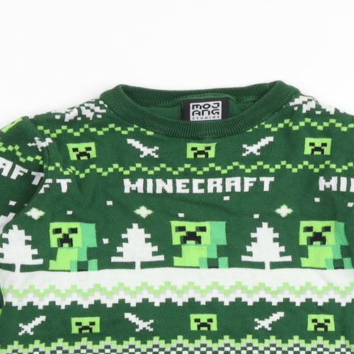 Mojang Boys Green Round Neck Fair Isle 100% Cotton Pullover Jumper Size 11-12 Years Pullover - Minecraft Christmas