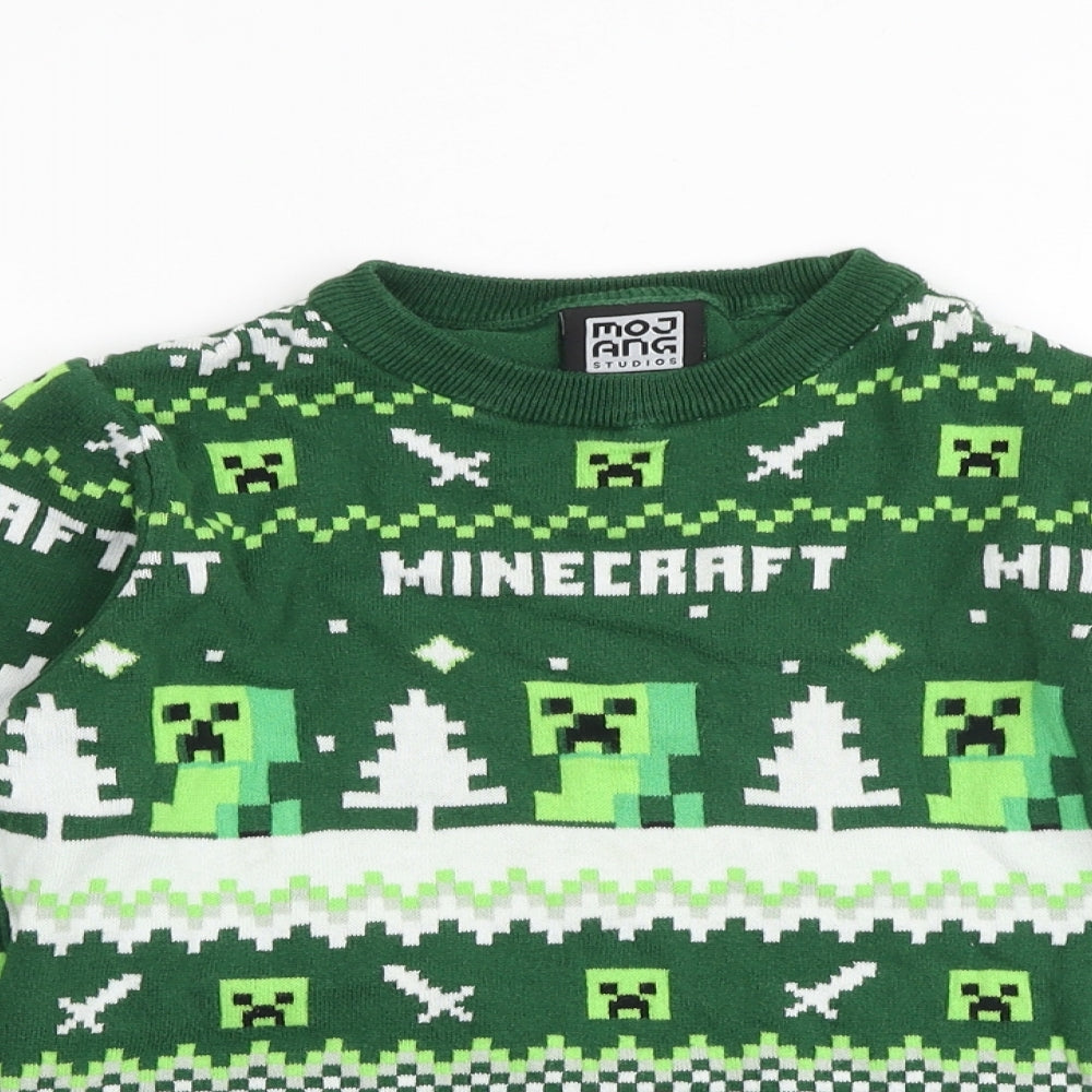 Mojang Boys Green Round Neck Fair Isle 100% Cotton Pullover Jumper Size 11-12 Years Pullover - Minecraft Christmas