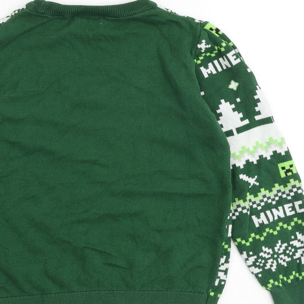 Mojang Boys Green Round Neck Fair Isle 100% Cotton Pullover Jumper Size 11-12 Years Pullover - Minecraft Christmas