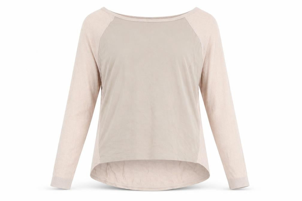 Front view of Warehouse women’s pink round neck viscose jumper, size UK 10