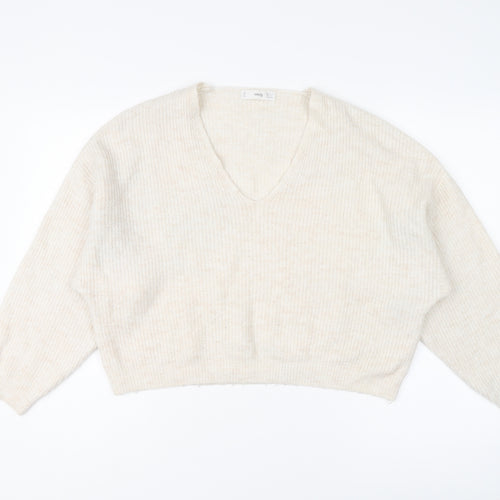 Mango Womens Ivory V-Neck Acrylic Pullover Jumper Size XS