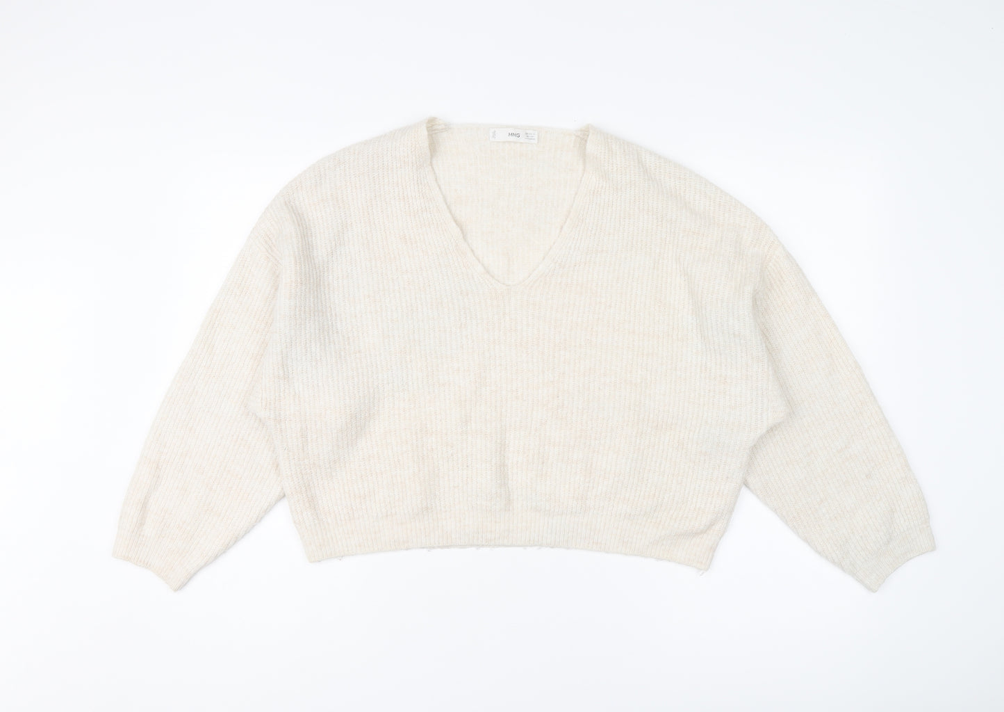 Mango Womens Ivory V-Neck Acrylic Pullover Jumper Size XS