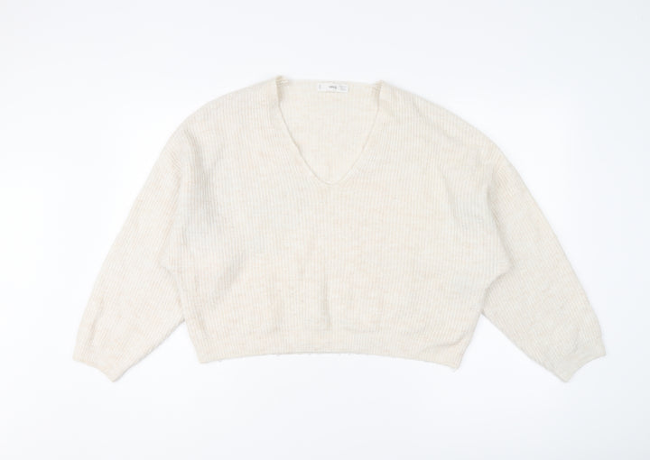 Mango Womens Ivory V-Neck Acrylic Pullover Jumper Size XS