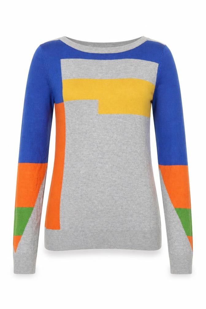 Front view of Carry Young women’s multicoloured round neck geometric viscose jumper, size S
