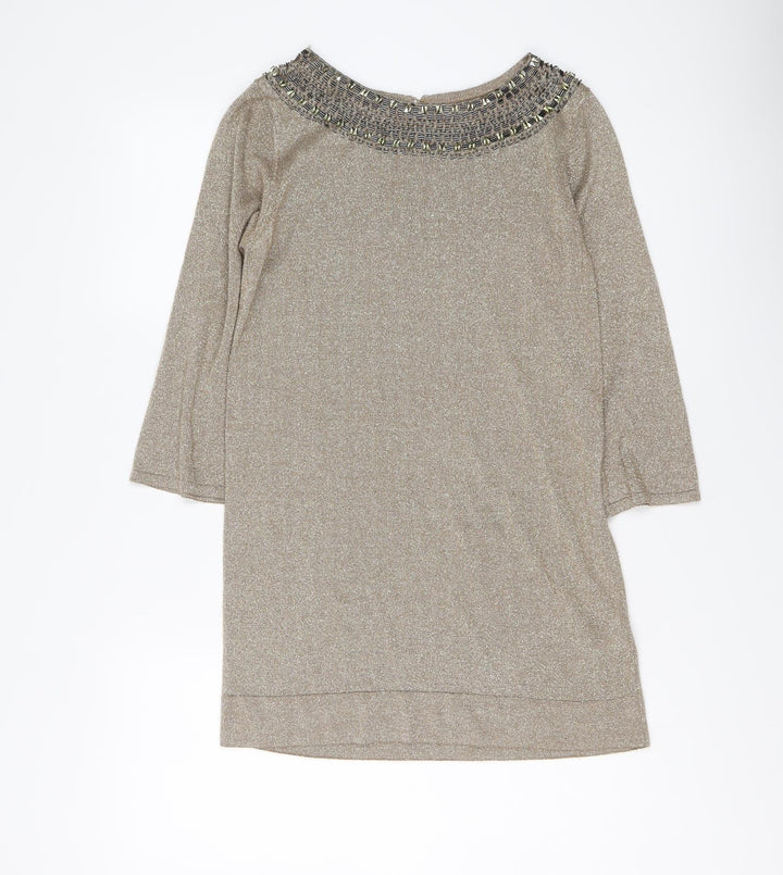 Marks and Spencer Womens Gold Round Neck Viscose Tunic Jumper Size 14
