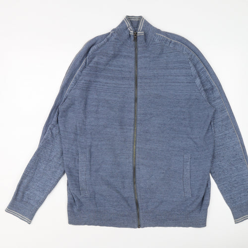 Marks and Spencer Mens Blue Round Neck Cotton Full Zip Jumper Size XL Long Sleeve