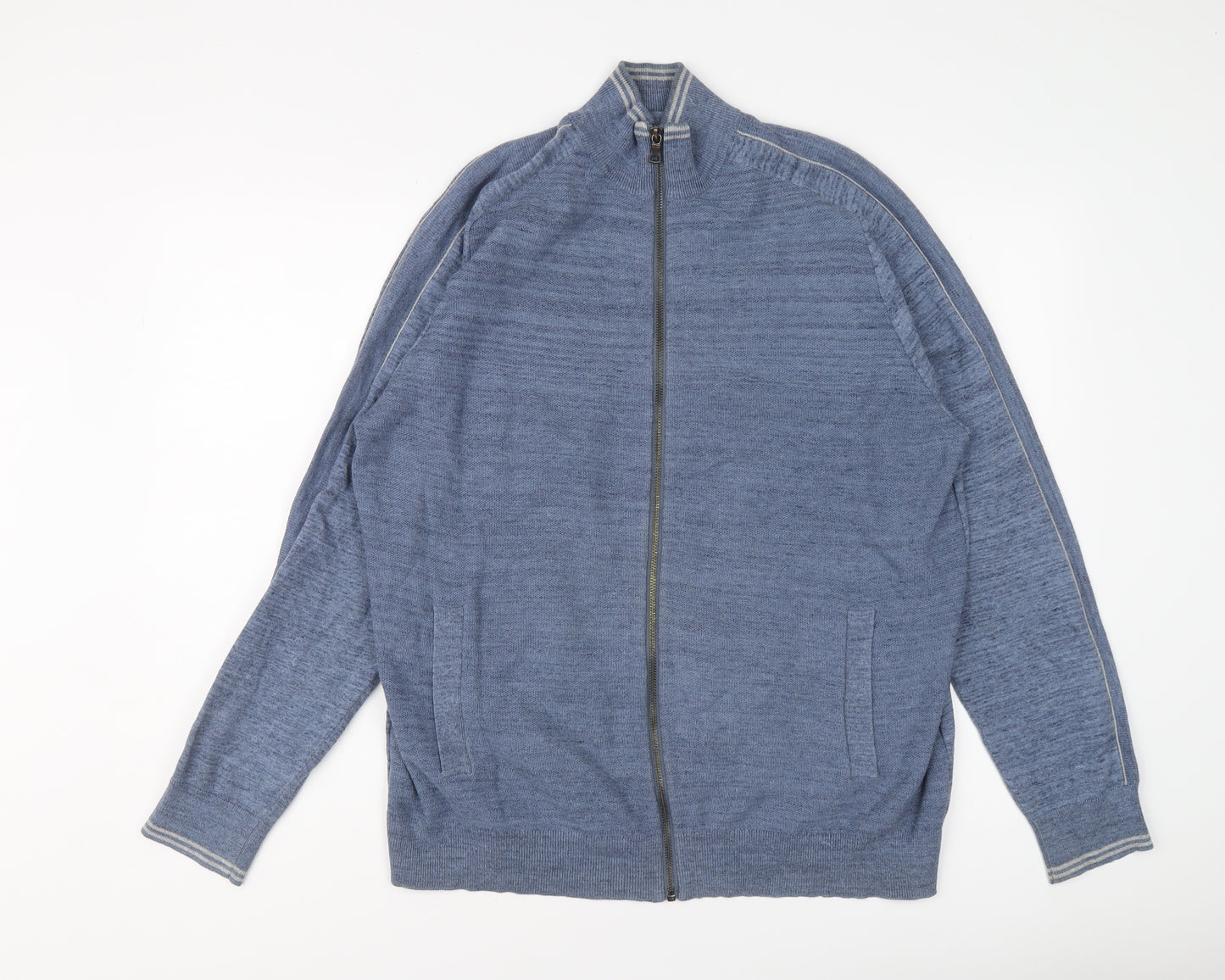 Marks and Spencer Mens Blue Round Neck Cotton Full Zip Jumper Size XL Long Sleeve
