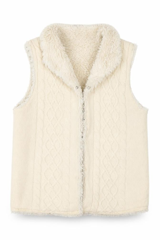 Mexx Womens Ivory Wool Gilet Coatigan Size M Hook & Eye - Cable Knit