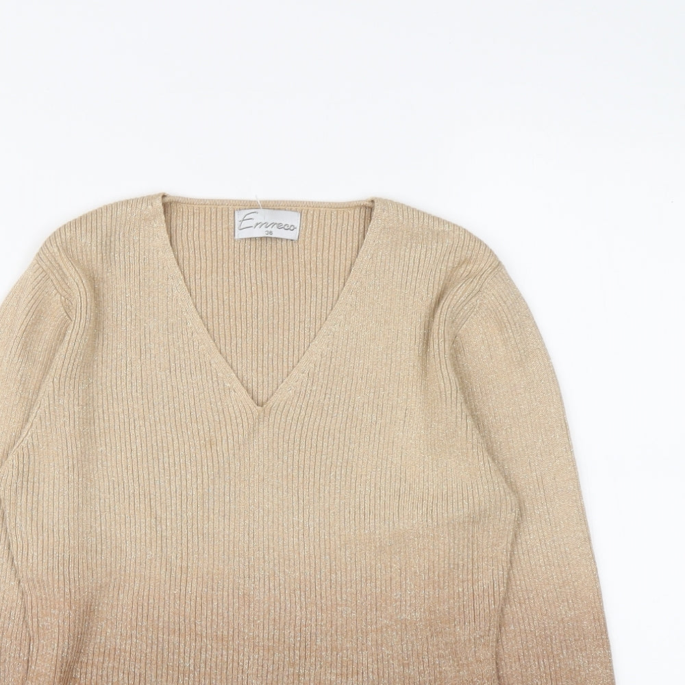 Emerco Womens Gold V-Neck Cotton Pullover Jumper Size 8
