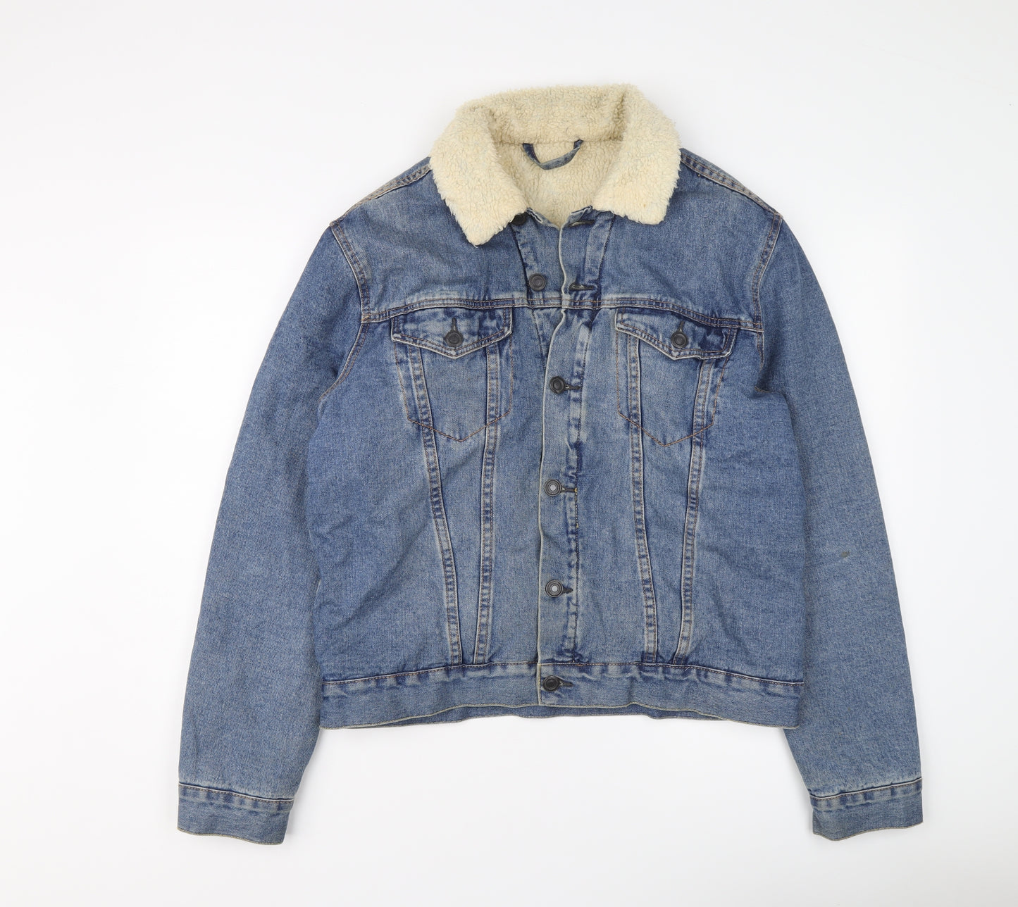 New Look Mens Blue Jacket Size L Button - Sherpa Collar