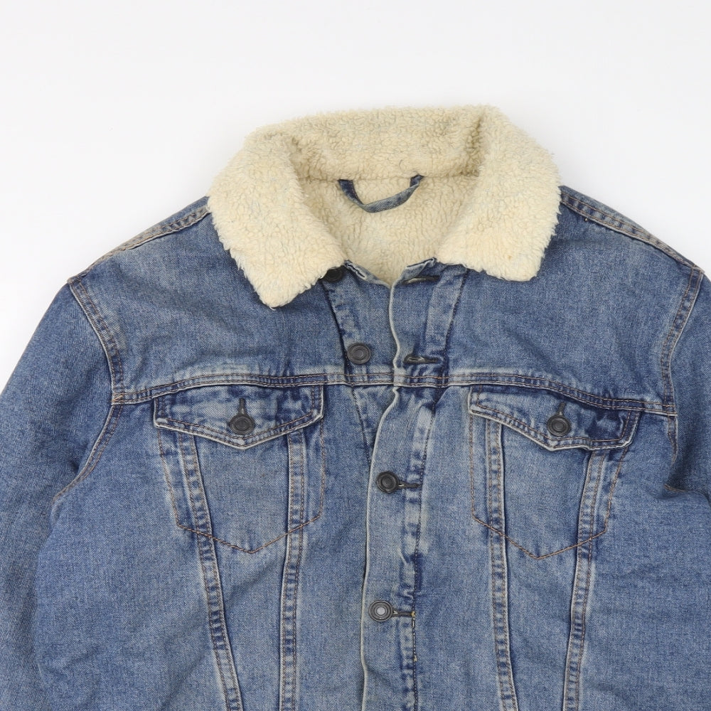 New Look Mens Blue Jacket Size L Button - Sherpa Collar