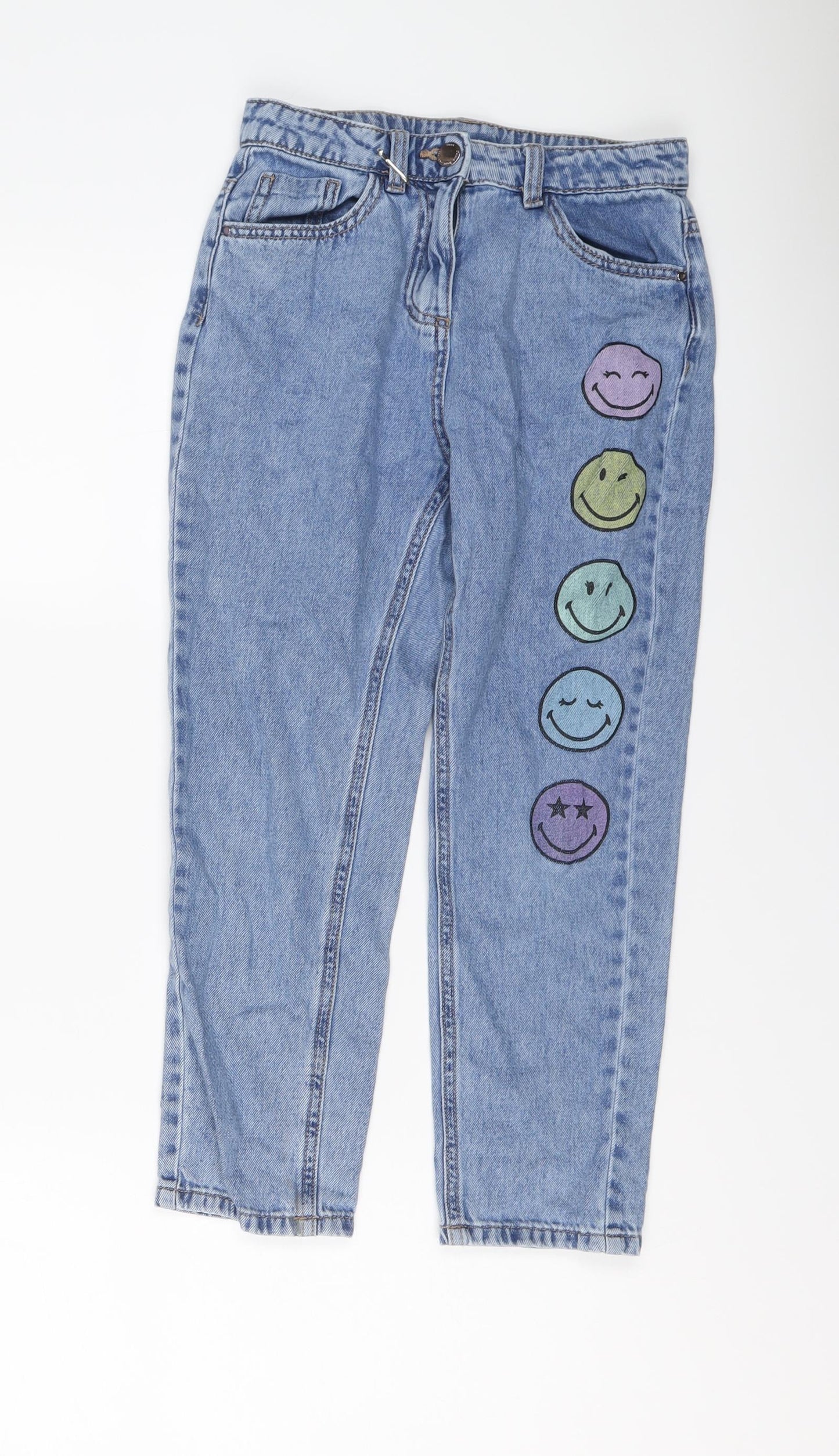 NEXT Girls Blue Cotton Straight Jeans Size 9 Years Regular Button - Smiley Face