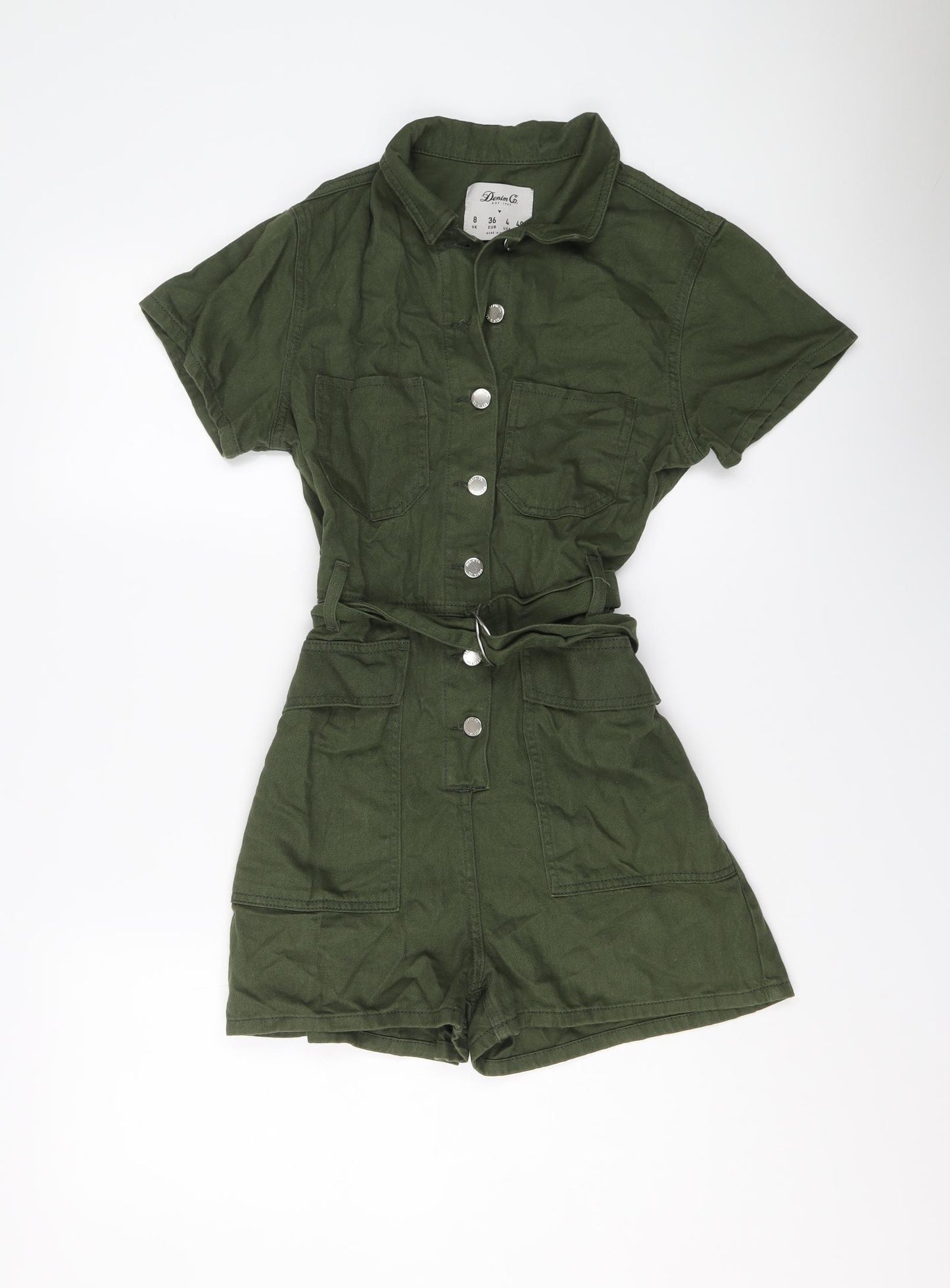 Denim & Co. Womens Green Cotton Playsuit One-Piece Size 8 Button