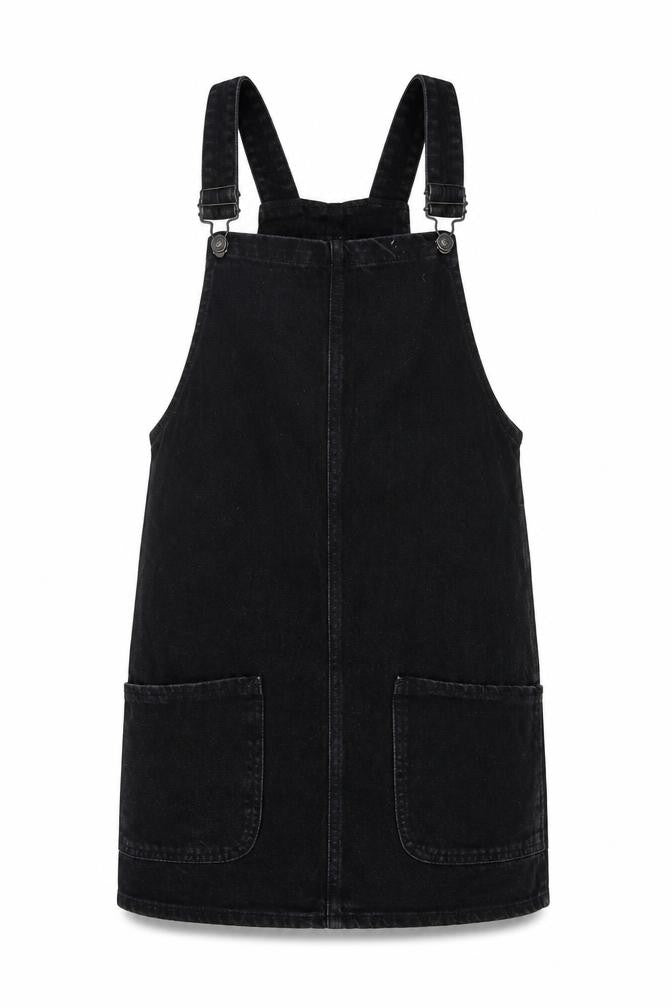 New Look Womens Black Cotton Pinafore/Dungaree Dress Size 6 Square Neck Buckle