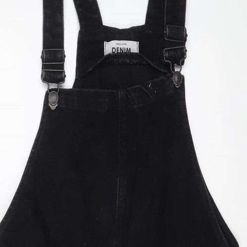 New Look Womens Black Cotton Pinafore/Dungaree Dress Size 6 Square Neck Buckle
