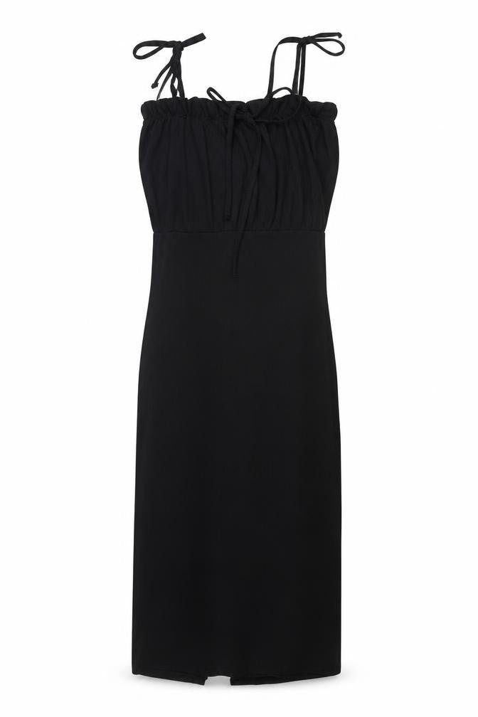 Front view of PRETTYLITTLETHING women’s black polyester slip dress, size UK 4, square neck tie