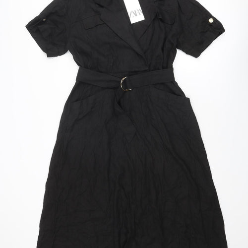 Zara Womens Black Viscose A-Line Size L Collared Snap