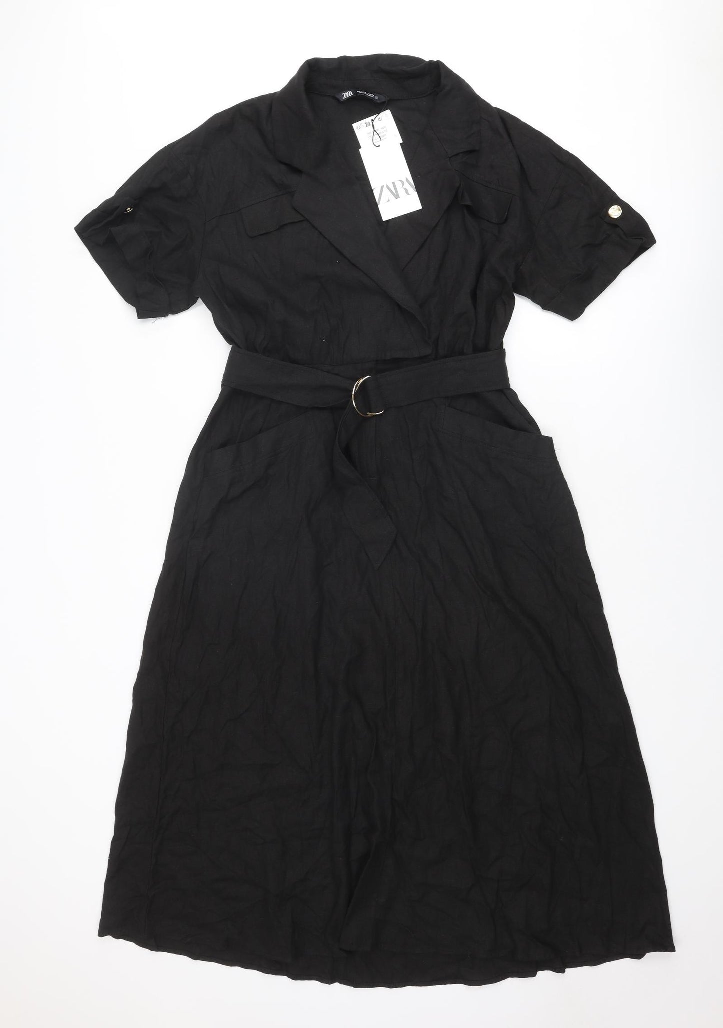 Zara Womens Black Viscose A-Line Size L Collared Snap