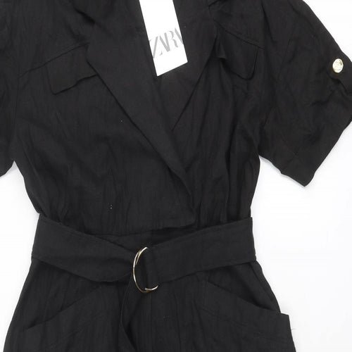 Zara Womens Black Viscose A-Line Size L Collared Snap