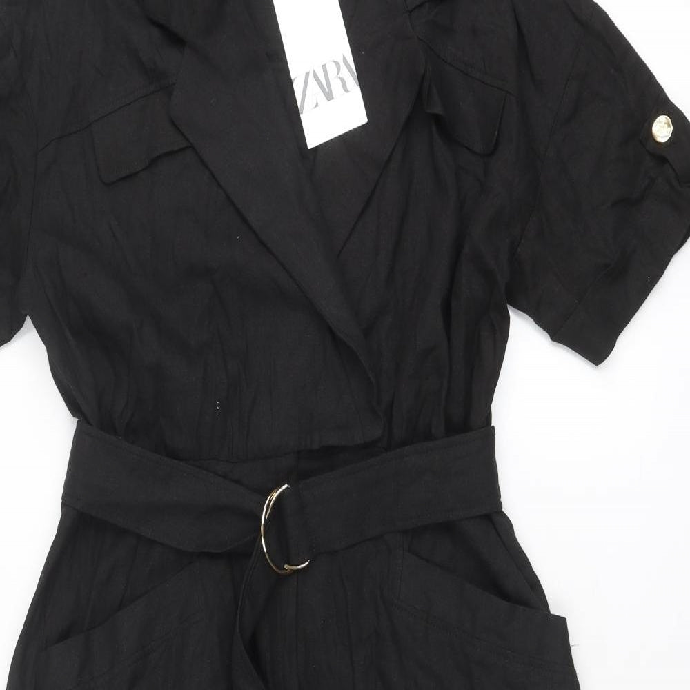 Zara Womens Black Viscose A-Line Size L Collared Snap