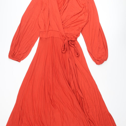 Monsoon Womens Red Viscose Wrap Dress Size 18 V-Neck Tie