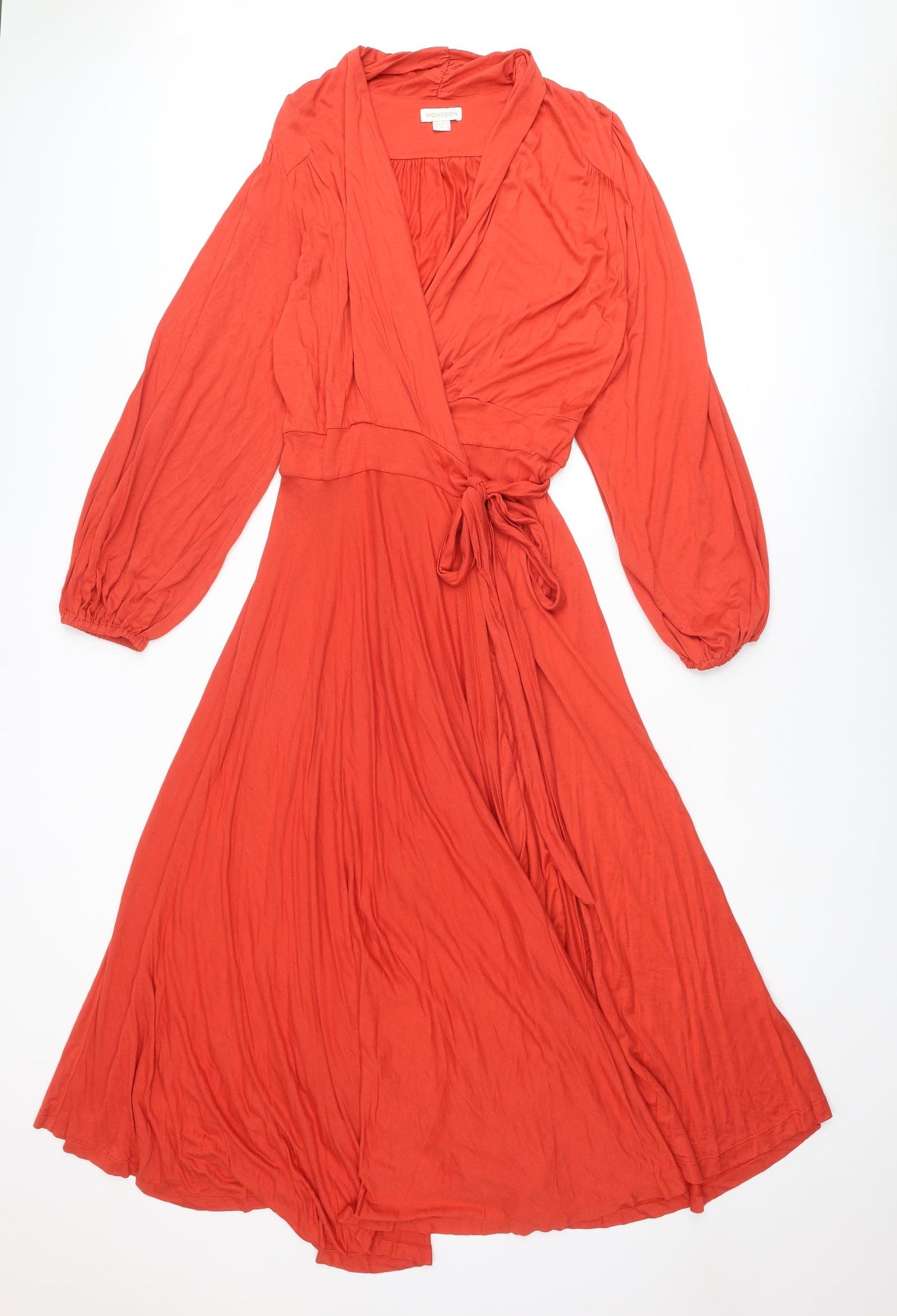 Monsoon Womens Red Viscose Wrap Dress Size 18 V-Neck Tie