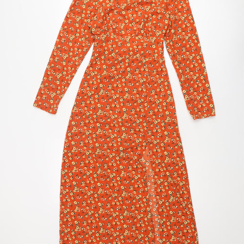 Fashion Union Womens Orange Floral Polyester A-Line Size 4 Round Neck Zip