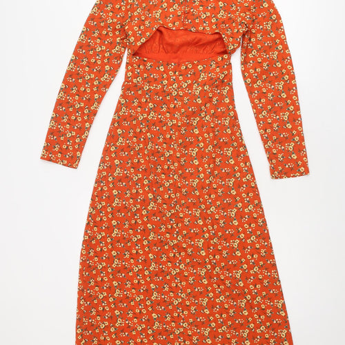 Fashion Union Womens Orange Floral Polyester A-Line Size 4 Round Neck Zip