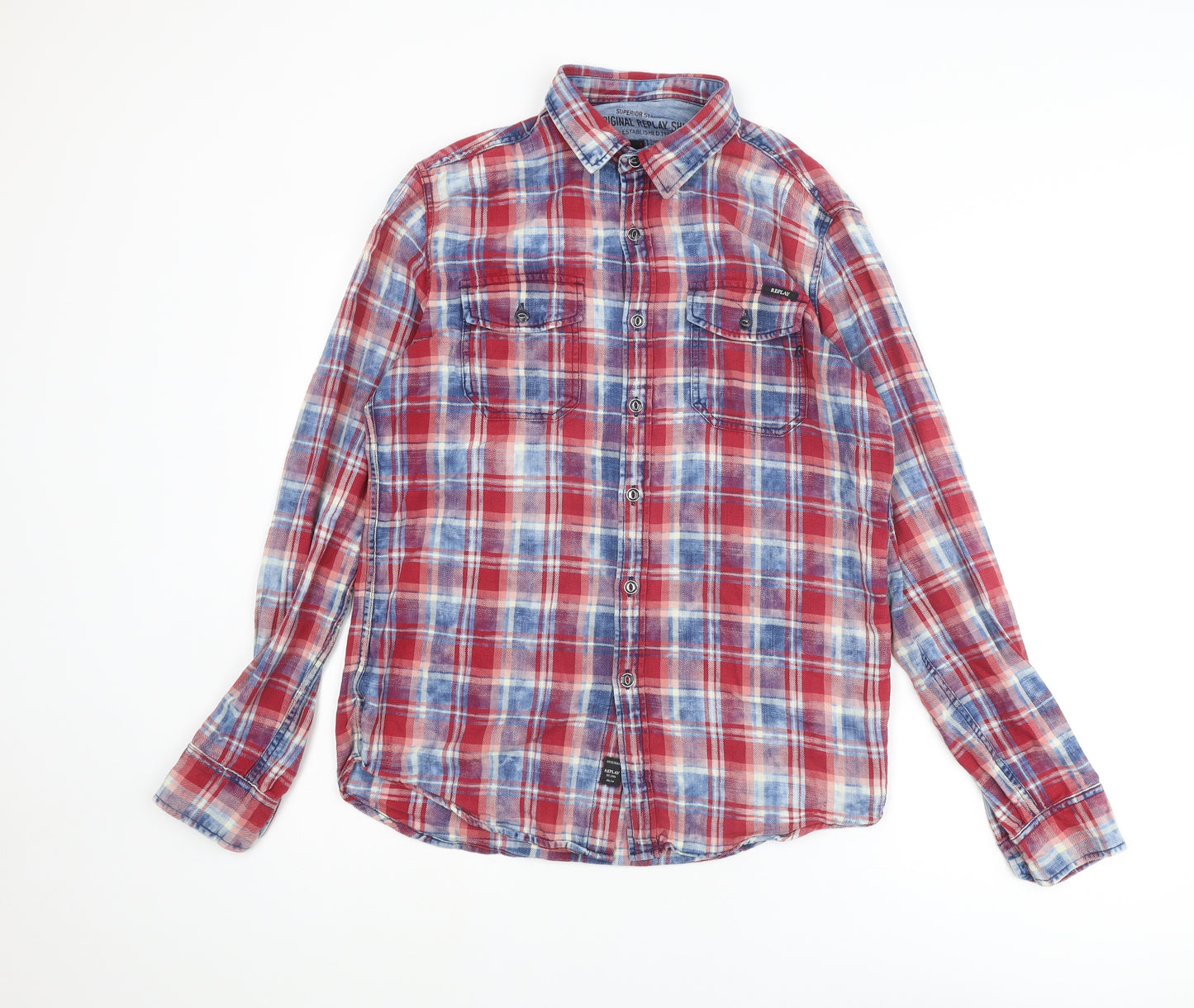 Replay Mens Multicoloured Plaid Cotton Button-Up Size L Collared Button