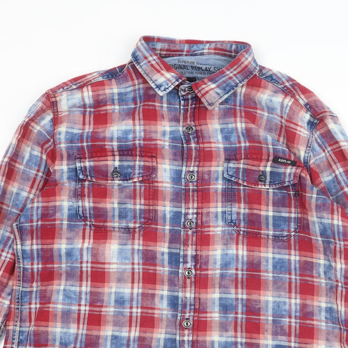 Replay Mens Multicoloured Plaid Cotton Button-Up Size L Collared Button