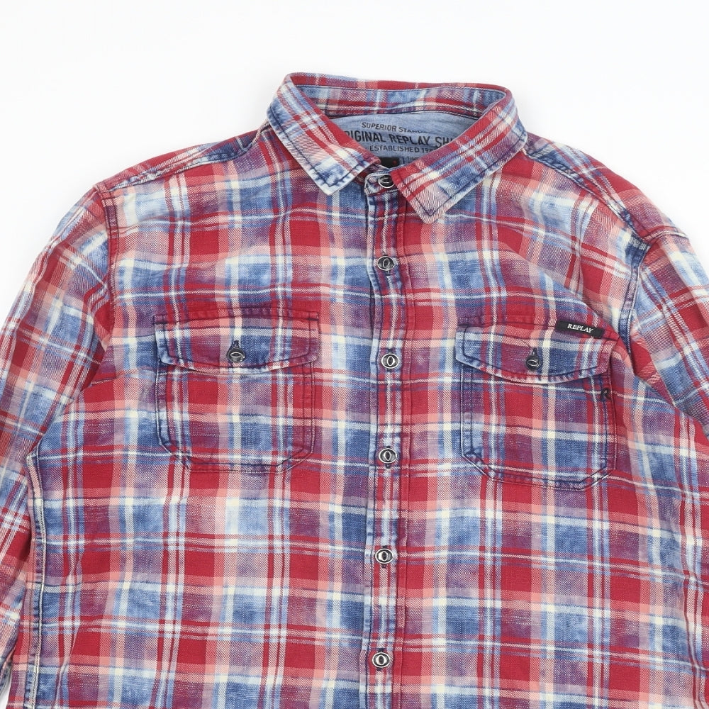 Replay Mens Multicoloured Plaid Cotton Button-Up Size L Collared Button