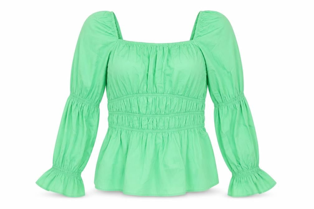 Front view of Marks & Spencer women’s green cotton basic blouse, size UK 8, square neck