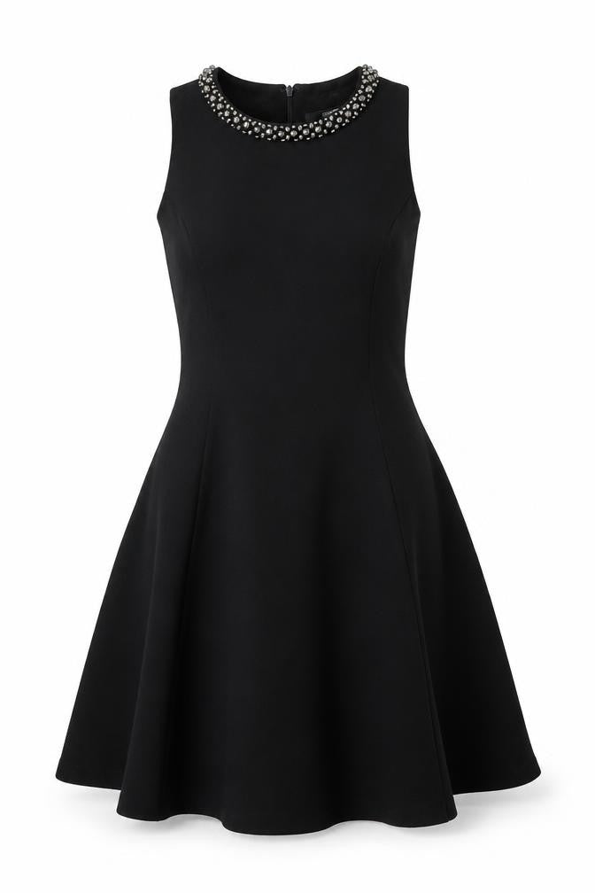 Front view of Forever 21 women’s black polyester fit & flare, size M, round neck
