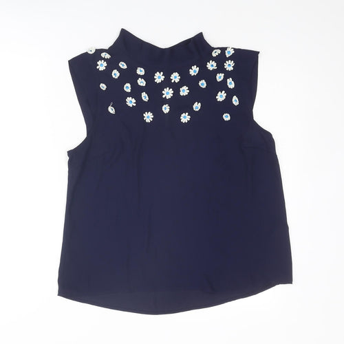 Oasis Womens Blue Polyester Basic Tank Size 14 Mock Neck - Flowers