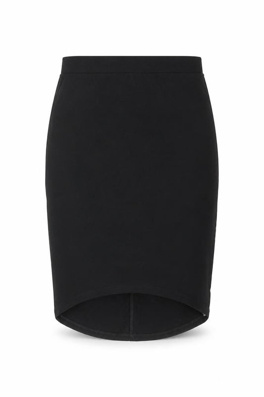 Front view of ASOS women’s black cotton bandage skirt, size UK 4
